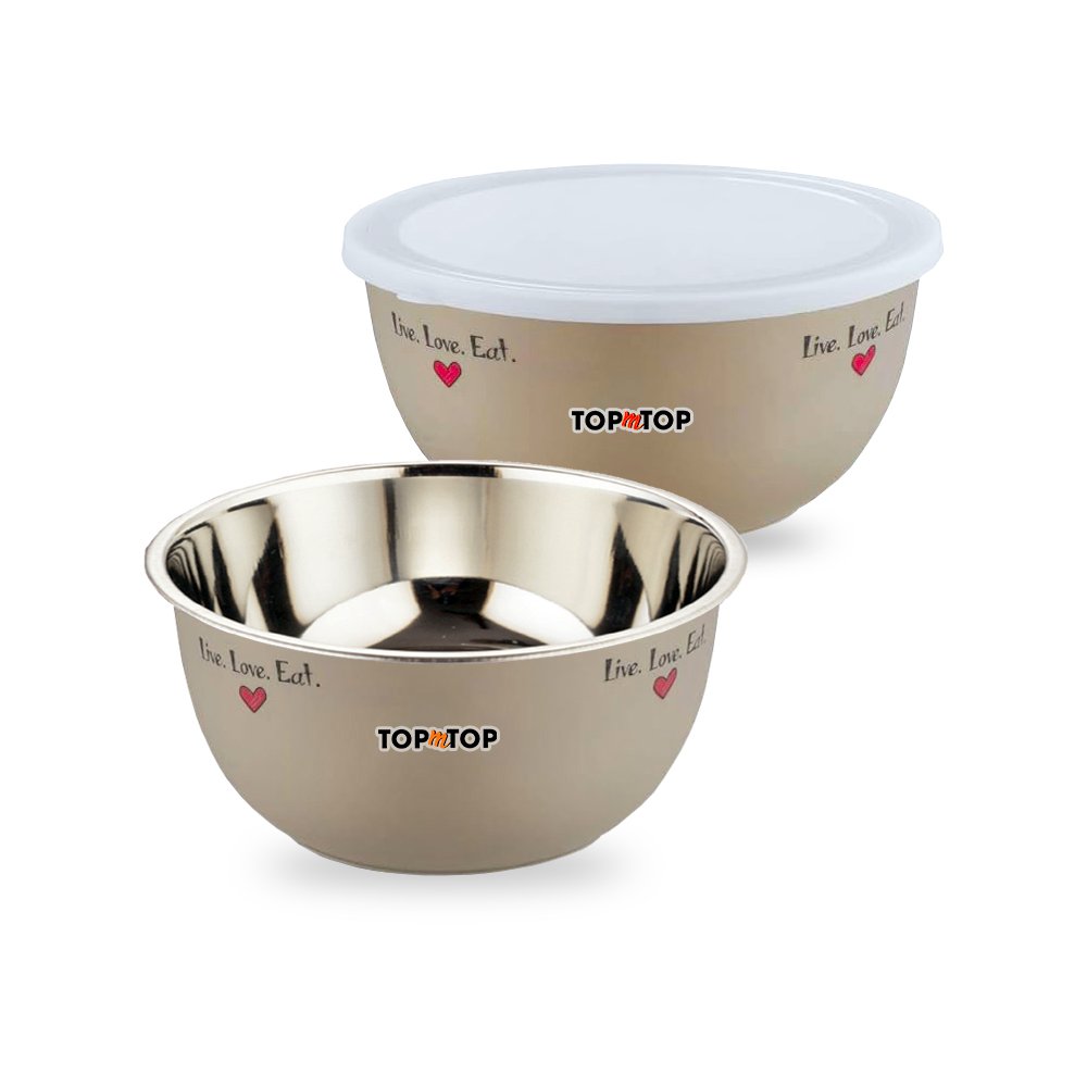 Microwave Safe Bowl Set with Airtight and Leakproof Lids, Each 450ml, Pack of 2, Live Love Eat Print Beige